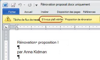 Texte Veuillez approuver dans la barre des messages de l’élément