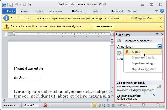 Élément avec le volet Signatures ouvert