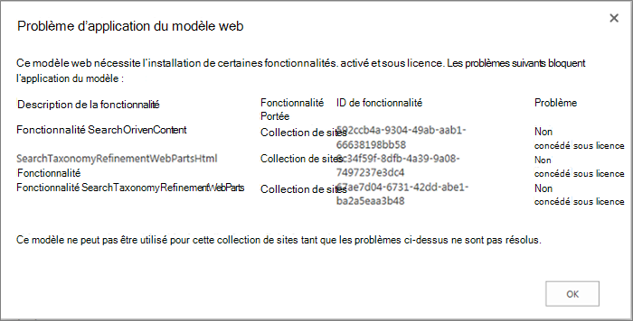 Capture d’écran d’un message d’erreur indiquant une erreur possible si des fonctionnalités non disponibles empêchent la création de site dans SharePoint Online