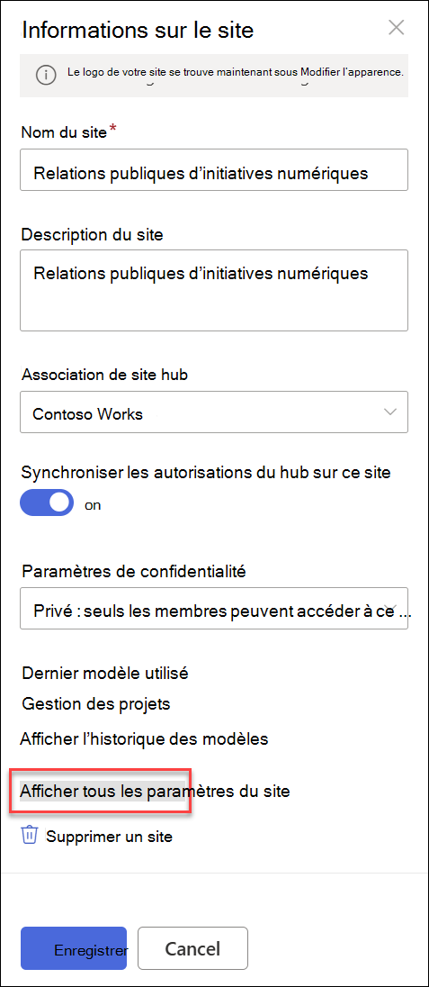 Boîte de dialogue Informations sur le site.