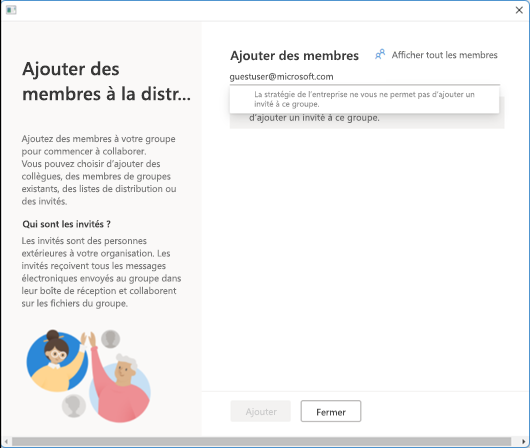 Vous ne pouvez pas ajouter un invité à ce groupe en raison d’une stratégie d’entreprise.