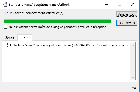 Erreur lors de la connexion à une bibliothèque de documents SharePoint