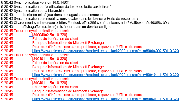 Liste des erreurs dans le journal Outlook