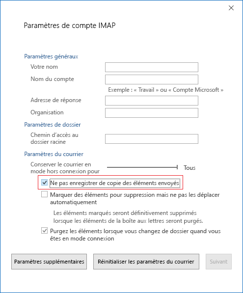 Paramètres du compte IMAP, Ne pas enregistrer les copies des éléments envoyés