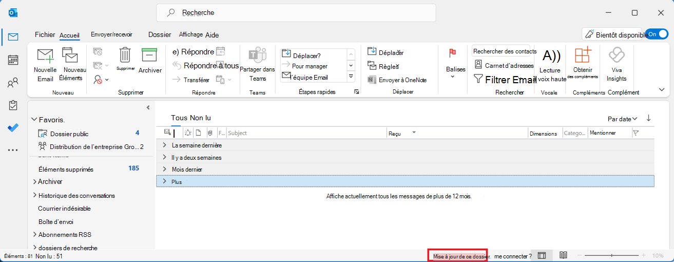 La boîte aux lettres partagée Outlook avec mise à jour de ce message de dossier encerclée d’une zone rouge