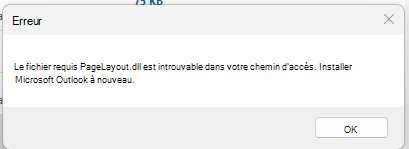 Capture d’écran du message d’erreur, Le fichier requis PageLayout.dll est introuvable