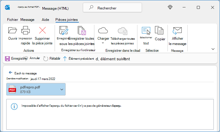 Erreur au format PDF lors de la tentative d’affichage à partir d’Outlook