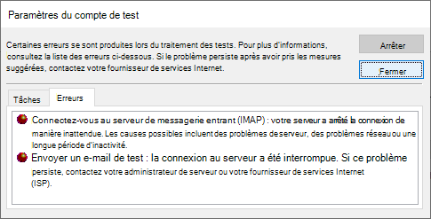 Capture d’écran de l’onglet Erreurs de la fenêtre Paramètres du compte de test - IMAP