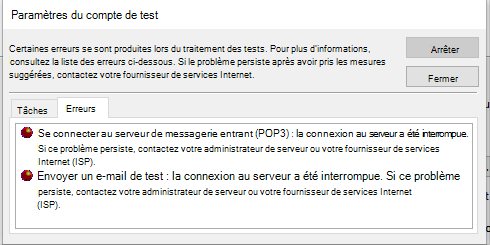 Capture d’écran de l’onglet Erreurs de la fenêtre Paramètres du compte de test - POP3