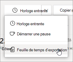 L’option Exporter la feuille de temps dans Shifts pour exporter votre rapport de feuille de temps Teams.