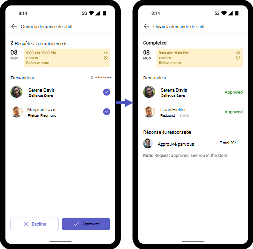 Capture d’écran montrant comment approuver les demandes de shift ouvertes sur mobile.