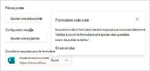 Capture d’écran montrant un nouveau formulaire ajouté à une tâche.