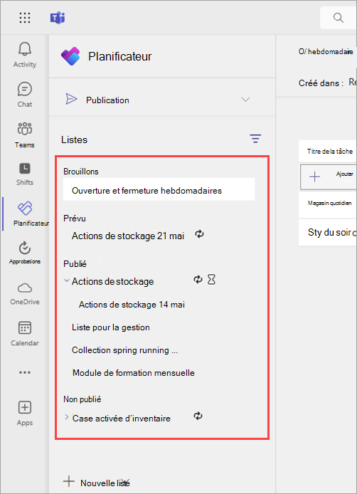 Capture d’écran montrant les sections Brouillons, Planifiés, Publiés et Non publiés de la page Publication de l’application Planificateur.