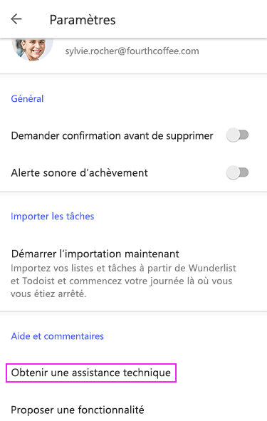 Appuyer sur Obtenir une assistance technique