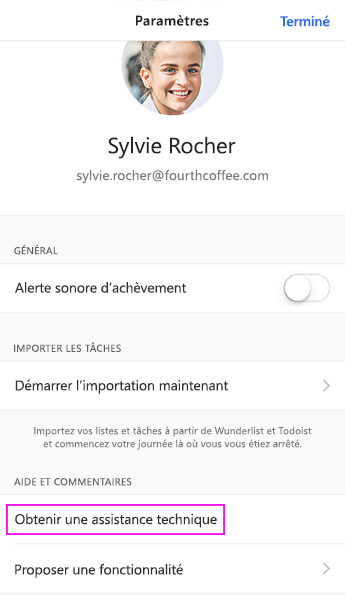 Appuyer sur Obtenir une assistance technique