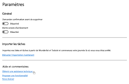 Appuyer sur Obtenir une assistance technique