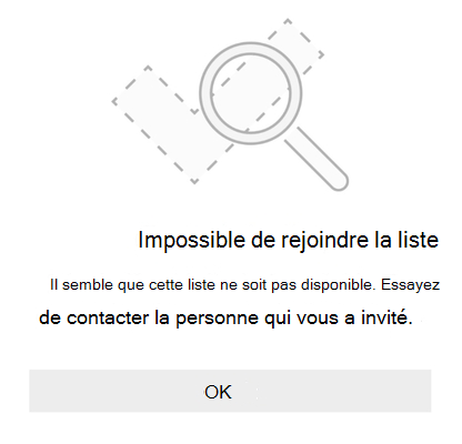 Message d’erreur de partage de liste de Microsoft To Do indiquant Impossible de rejoindre la liste. Il semble que cette liste n’est pas disponible. Essayez de contacter la personne qui vous a invité.