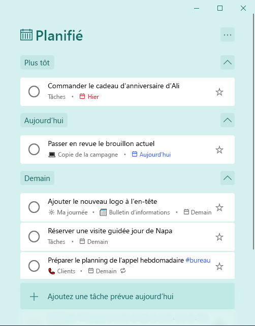 Liste intelligente Planifié avec les tâches organisées en fonction de Plus tôt, Aujourd’hui et Demain