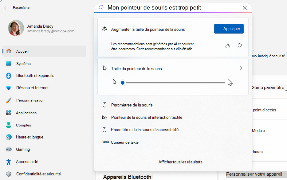 Capture d’écran des paramètres montrant une recherche basée sur l’IA à l’aide de l’agent.