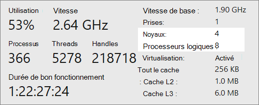 Écran de rapport des cœurs et des processeurs logiques.