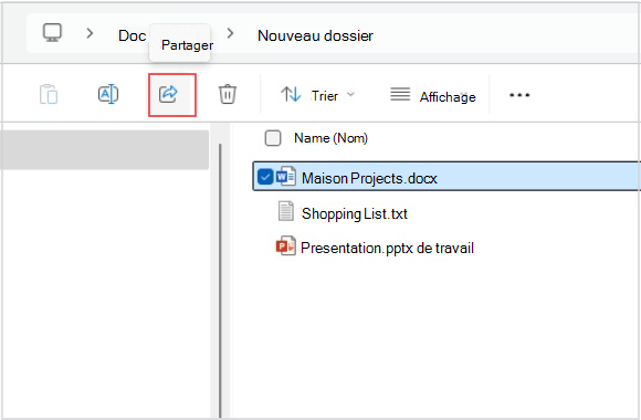 Capture d’écran du partage d’un fichier à partir de l’Explorateur de fichiers