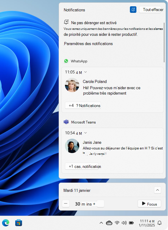 Capture d’écran du centre de notifications.
