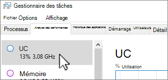 Onglet Performances et informations sur le processeur.