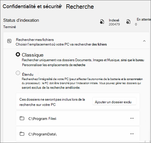 Capture d’écran montrant les paramètres de recherche Windows.