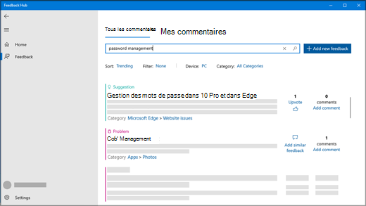 Boîte de dialogue Rechercher des commentaires dans le Hub de commentaires