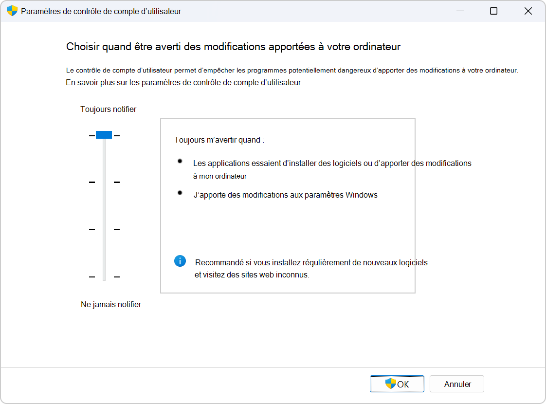 Captures d’écran des paramètres pour configurer le contrôle de compte d’utilisateur.
