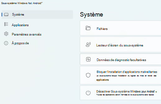 Affiche la page principale de Sous-système Windows pour Android (TM).