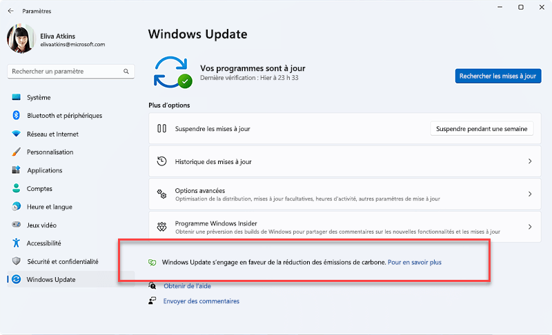 Le message affiché dans Windows Update lors de la hiérarchisation de l’installation des mises à jour en arrière-plan peut entraîner une réduction des émissions de carbone, car une plus grande proportion de l’électricité provient de sources à faible émission de carbone sur le réseau électrique.