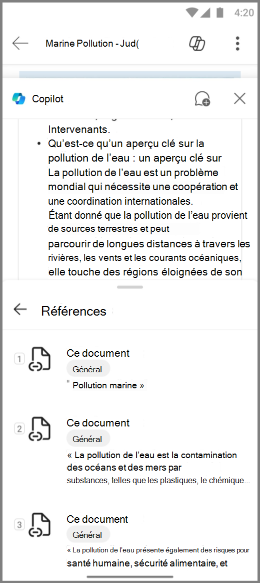 Capture d’écran de Copilot dans Word sur un appareil Android avec références pour la réponse Copilots