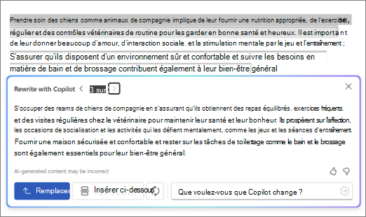 Capture d’écran de Copilot dans Word avec suggestions et options de réécriture de texte