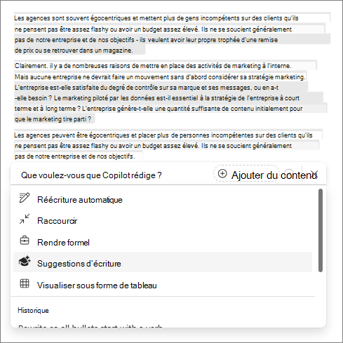 Option d’écriture de suggestions dans Copilot dans Word
