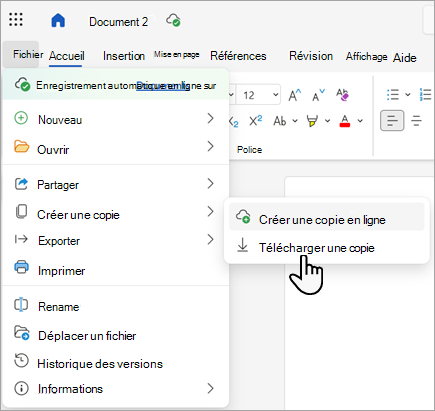 Capture d’écran montrant la commande Télécharger une copie dans Word pour le web.