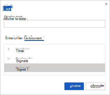 Volet de sélection des signets