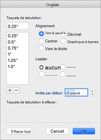Boîte de dialogue Onglets Mac