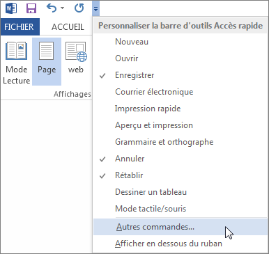 Menu de la barre d’outils Accès rapide