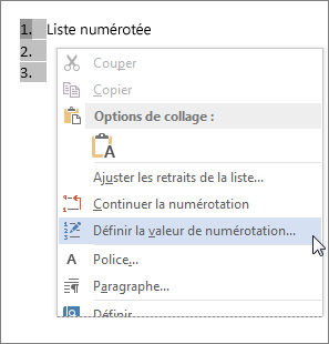 Définir une valeur de numérotation dans le menu contextuel
