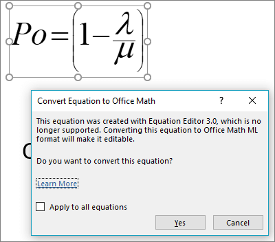Le convertisseur Office Math offre pour convertir une équation sélectionnée au nouveau format.