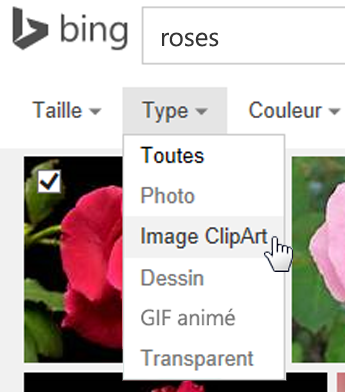 Sélectionner le filtre Type et choisir Image clipart