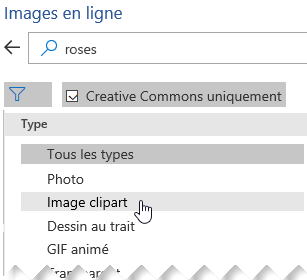 Sélectionner le bouton Filtrer et choisir Image clipart