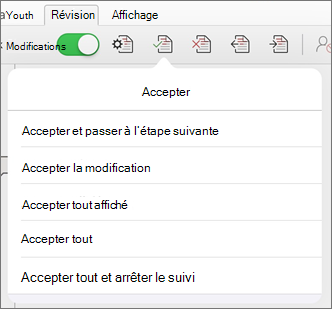 Menu Accepter les modifications