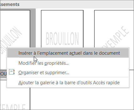 Cliquez avec le bouton droit sur la miniature du filigrane qui affiche la commande Insérer à la position du document actif.