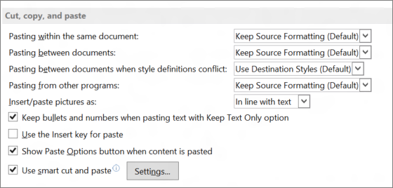 Word 2013 cut, copy, and paste options