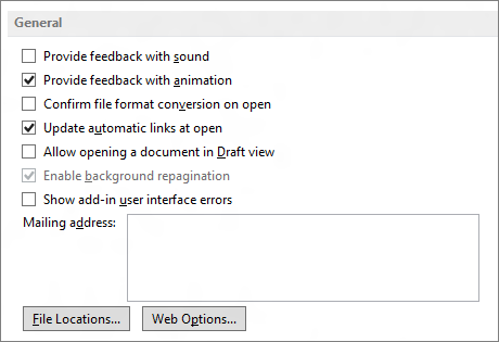 Word 2013 General options