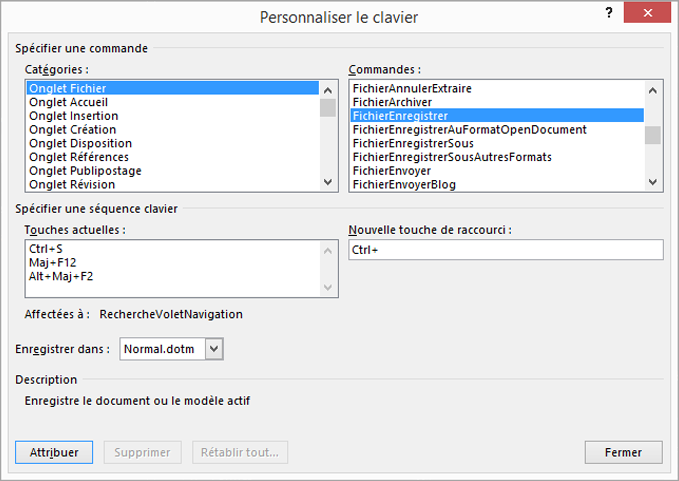 Création d’un raccourci clavier dans la boîte de dialogue Personnaliser le clavier