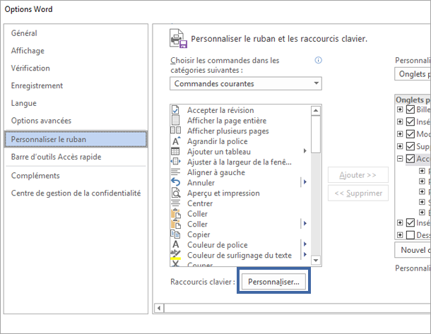 Bouton Personnaliser dans le volet Personnaliser le ruban et les raccourcis clavier