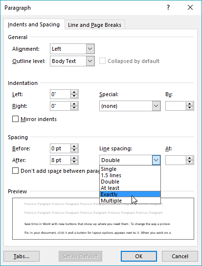 Utiliser la boîte de dialogue Paragraphe pour définir un espacement plus spécifique entre les lignes de texte